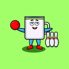 Cute cartoon mug character playing bowling in 3d modern style design for t-shirt, sticker, logo elements