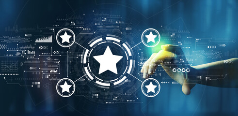 Rating star concept with hand pressing a button on a technology screen