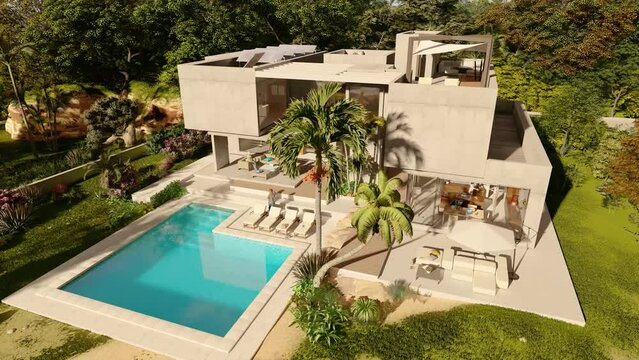 Sustainable modern mansion aerial view