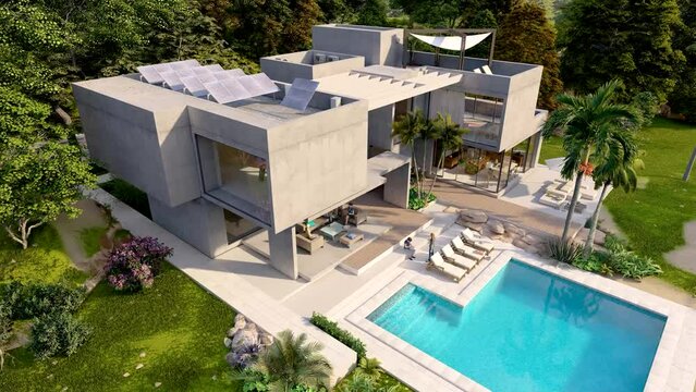 Sustainable modern mansion aerial view