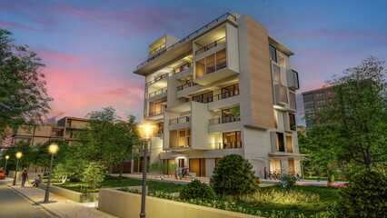 Modern new apartment block in the evening