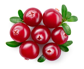 Cranberry isolated. Cranberry berries with leaves on white background. Group of cranberries with clipping path. Full depth of field.