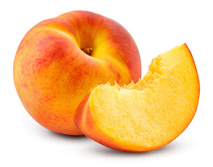 Peach isolated. Whole peach with slice on white background. Peach fruit cut out. With clipping path. Full depth of field.