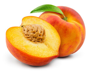 Peach isolated. Whole peach with a half on white background. Peach fruit with leaf cut out. With clipping path. Full depth of field.