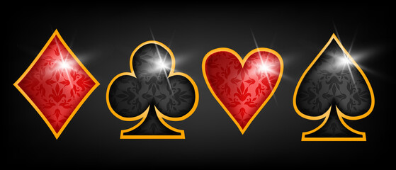 Poker card suit vector casino icon set, spades, red hearts, diamonds, isolated game gambling symbol kit. Vintage Vegas badge on black, UI blackjack lucky pictogram collection. Poker suit illustration