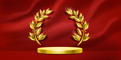 Golden award laurel wreath podium, vector winner prize background, red curtain, 3D victory stage. Championship ceremony banner, ranking circle pedestal, first place concept. Laurel podium design - obrazy, fototapety, plakaty