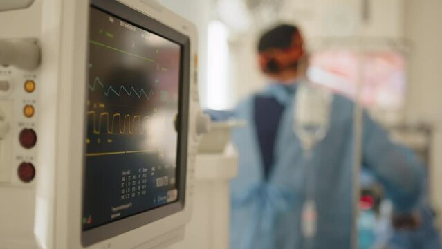 Screen of ventilator monitoring in operating room. Heart rate and patient control monitor in hospital theater room. Medical Team Performing Surgical Operation in Modern Operating Room.