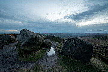 Rocks and hilly scenery of Higger Tor. Natural rock formation in the Peak District, close to Sheffield, UK