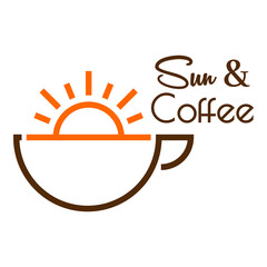 Coffee Shop. Beach bar. Logotipo con texto Sun & Coffee con silueta de sol en taza de café con líneas en color marrón y anaranjado