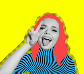 Contemporary art collage. Young cheerful woman with tongue sticking out, smiling isolated over yellow background