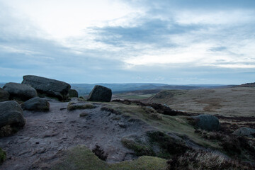 Rocks and hilly scenery of Higger Tor. Natural rock formation in the Peak District, close to Sheffield, UK