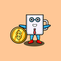 Coffee tea cup successful businessman holding gold cartoon vector image for t-shirt, sticker, logo element