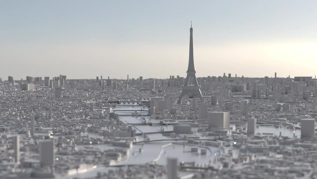 Paris as a white 3D model with a spin move. City silhouette with Eiffel Tower against the light.	
