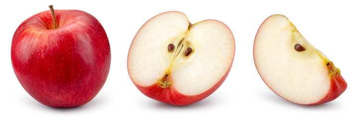 Red apple isolated. Whole apple, half and a slice on white background. Red appl set with clipping...