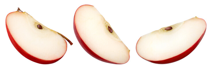 Red apple slice isolated. Set of top view cut apples on white background. Red appl piece with...