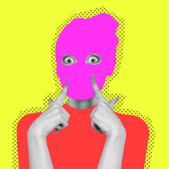 Contemporary art collage. Young woman with drawn balaclava on face posing isolated over yellow background