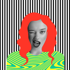 Contemporary art collage. Portrait of young emotive woman with oramge drawn hair making faces isolated over black and white stripes background