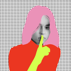 Contemporary art collage. Young beautiful woman with drawn elements of hair and cloth making...