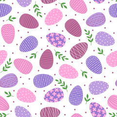 Seamless pattern with Easter decorated eggs. Purple, pink and blue eggs and green branches on white background.