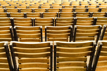 Wooden seating in a outdoor theater. Forest Opera in Sopot
