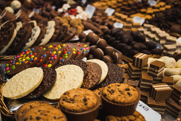 Tasty sweets on street food market