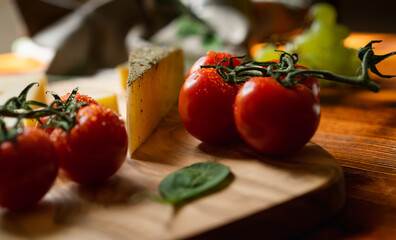 Colorful food photography - tomatoes, cheese, grape, italian style