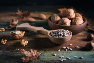 
Sunflower seeds in a wooden spoon and nuts on a rustic table
