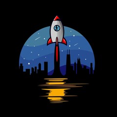 Vector illustration of a rocket flying into space at night