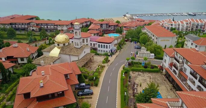Drone view of the Orthodox Church of Saint Vlasiy in Sveti Vlas and Popular summer resort in Bulgaria