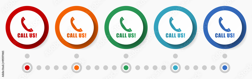 Aufkleber call us, contact concept vector icon set, flat design colorful buttons, infographic template in 5 co