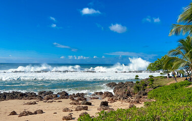 High waves ocean. Wavy ocean and blue sky in Hawaii