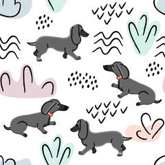 Seamless pattern with dachshund dogs in cartoon and abstract shapes.Childish background and texture with animal characters for printing on fabrics and paper.Hand drawn vector isolated illustration.