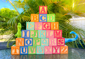 wooden alphabet cubes for kids. cubes on the table and palm tree in the background