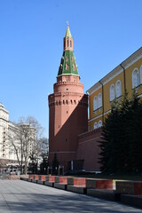 Corner Arsenal Tower of the Moscow Kremlin and a memorial ensemble with an eternal flame and stone...
