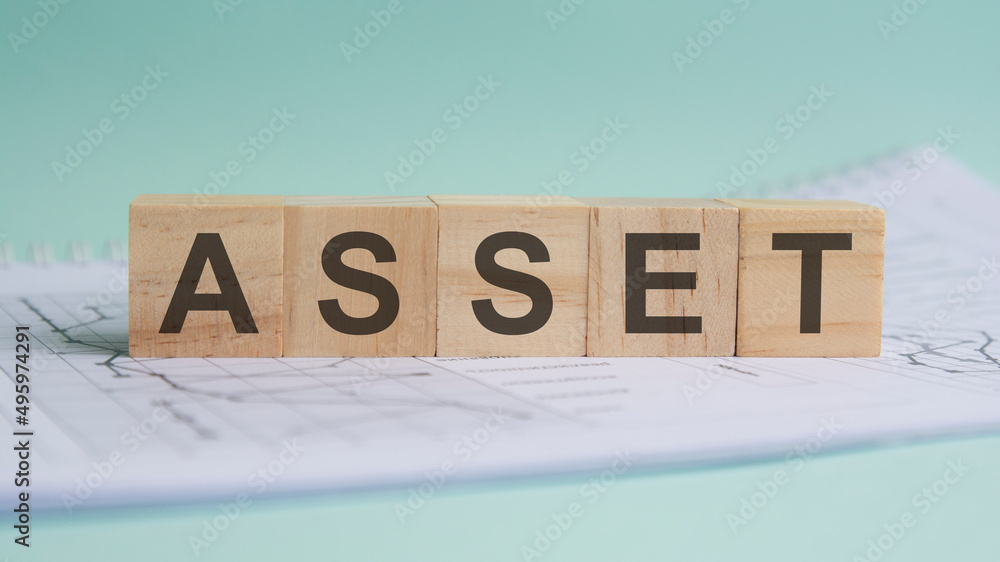 Poster asset is written on light wooden blocks. the word is located on a sheet with charts and graphs