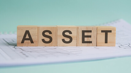 asset is written on light wooden blocks. the word is located on a sheet with charts and graphs