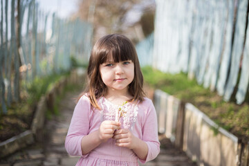 dziewczynka zachwycona wiosną podziwia i wącha kwiaty - obrazy, fototapety, plakaty