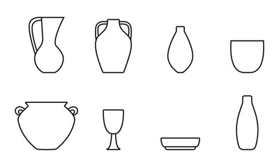 Collection of contour icons of ceramic utensils - jugs, plate, bowl. Pottery Collection. Vector.