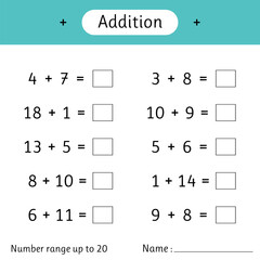 Addition. Number range up to 20. Math worksheet for kids. Solve examples and write. Developing numeracy skills. Mathematics