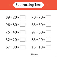 Subtracting Tens. Mathematics. Math worksheets for kids. Development of logical thinking. School education