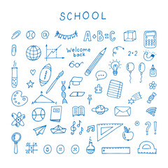 Back to school. Hand drawn doodle set of school objects and symbols. Sketchy elements. Education