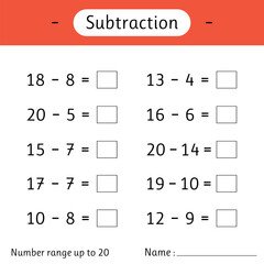 Subtraction. Number range up to 20. Math worksheet for kids. Developing numeracy skills. Solve examples and write. Mathematics