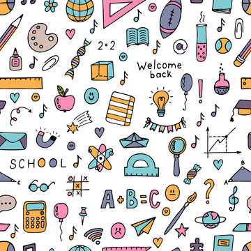 Seamless pattern with hand drawn school design elements. Back to school background. Welcome back