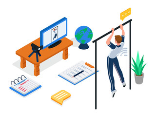 Male student recording himself when doing pull up exercise. isometric e-learning illustration concept. Sale doing exercise in front of camera device. Vector