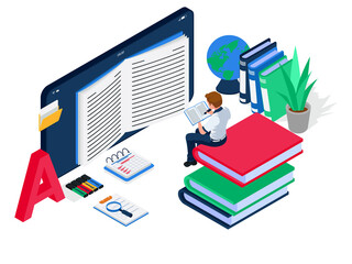 Male student accessing online books on smartphone screen, isometric e-learning illustration concept. Male with cell phone device, books, globe, magnifying glass, plant. Vector