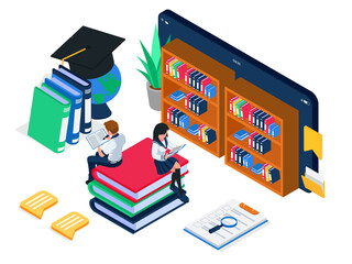 Student reading book in online library on smarhphone, e-learning illustration concept. Male and Female do online learning together. Vector