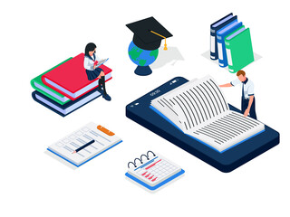 Student do online learning together, e-learning illustration concept. Male and Female reading book at big smartphone screen. Vector,