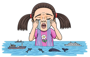 The cartoon depicts a crying little girl who cried a sea of tears.