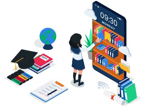 female student picks up a book from online library on smartphone device,  e-learning illustration concept. Female with cell phone, books, globe, graduation hat