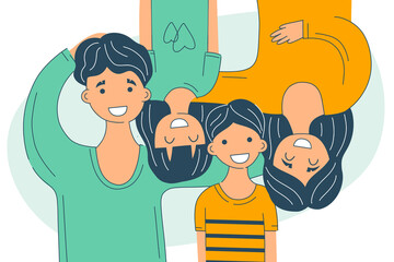 Top view Happy family together parents and little daughter and son. Lying on and smiling. Spent time together.